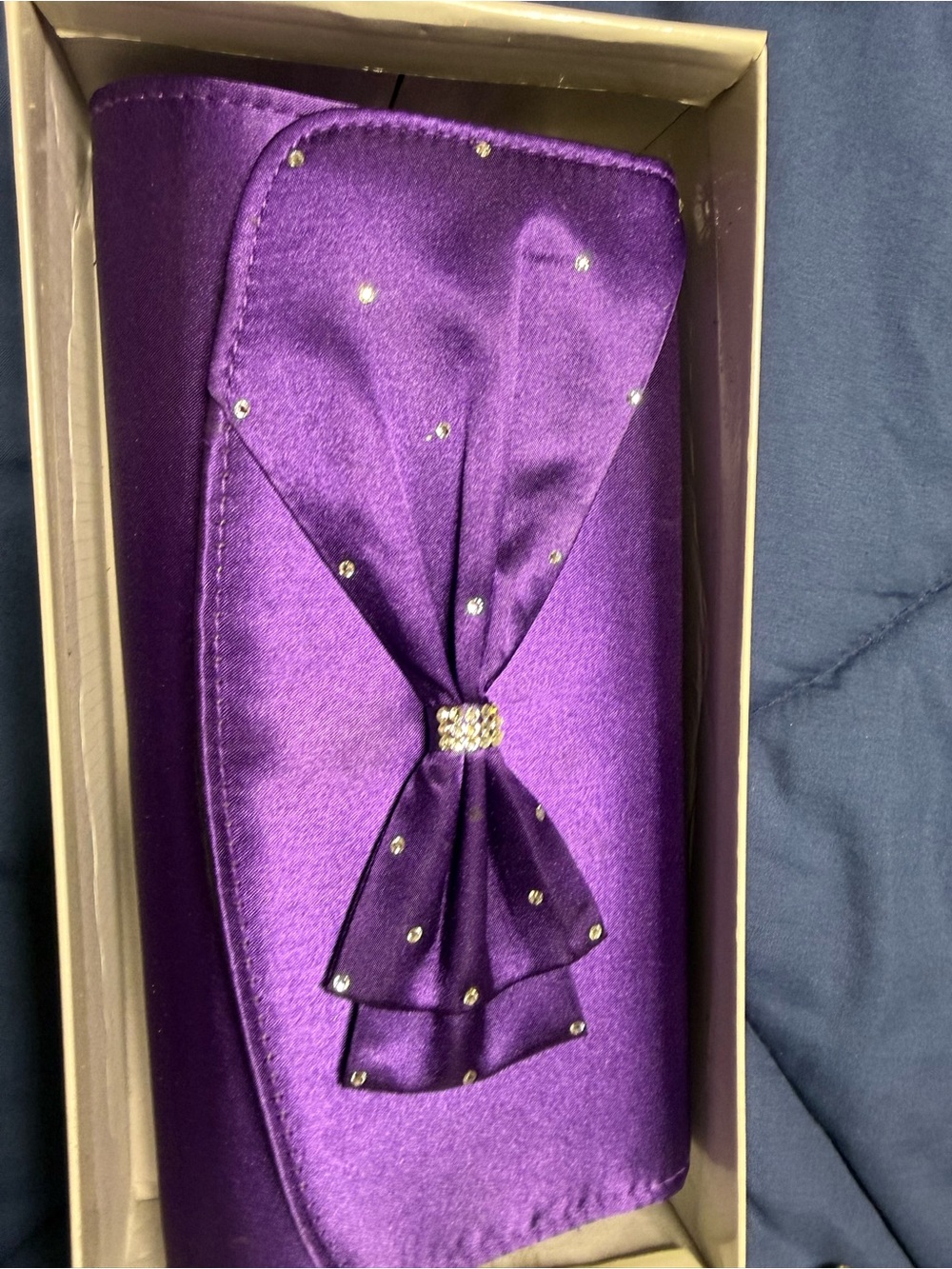Purple Satin Rhinestone Bow Clutch with Gold Chain option